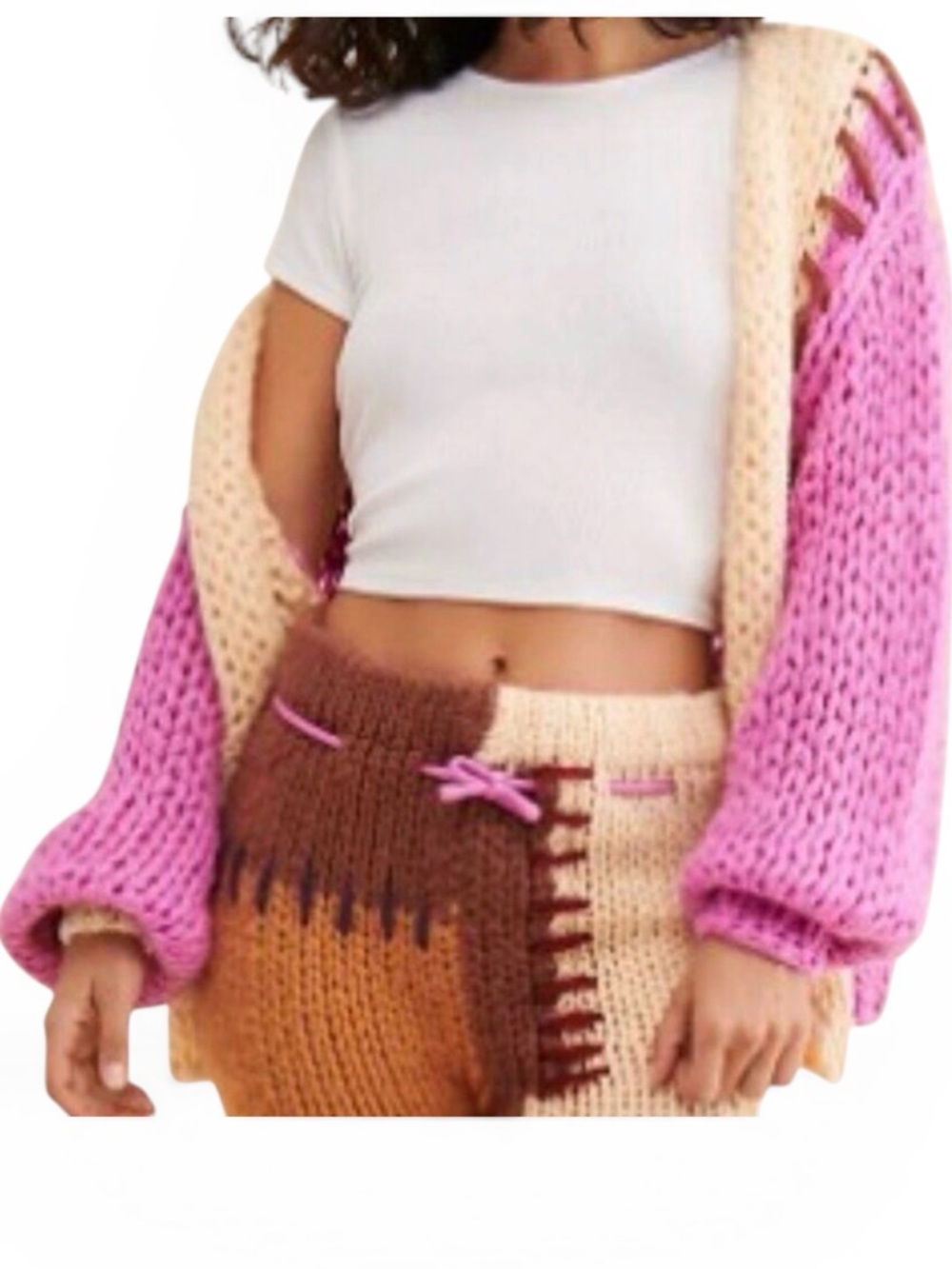 SAACHI Colorblock Patchwork Chunky Open-Front Oversized Small Cardigan Sweater